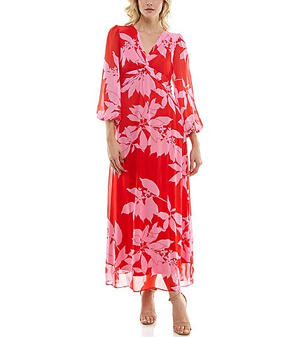 Maison Tara Long Sleeve V-Neck Front Twist 3/4 Sleeve Chiffon Empire Waist Maxi Dress