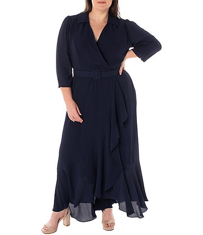 Maison Tara Plus Size 3/4 Sleeve Collared V-Neck Ruffle Skirt Belted Faux Wrap Maxi Dress