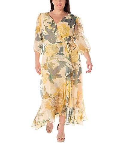 Maison Tara Plus Size 3/4 Sleeve V-Neck Floral Chiffon Faux Wrap Maxi Dress