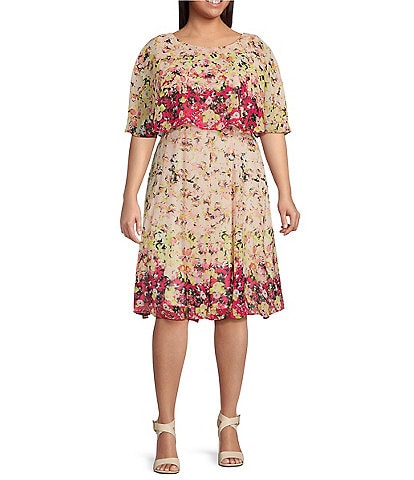 Maison Tara Plus Size Floral Print Round Neck Short Sleeve Chiffon A-Line Dress
