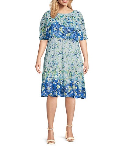 Maison Tara Plus Size Floral Print Round Neck Short Sleeve Chiffon A-Line Dress