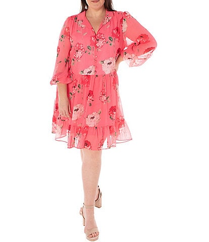 Maison Tara Plus Size Long Sleeve Notch Collar Neck Tiered Skirt Floral Chiffon Dress