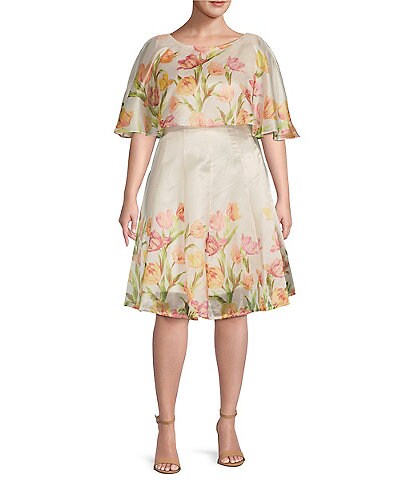 Maison Tara Plus Size Organza Floral Print Caplet Sleeve Sheath Dress