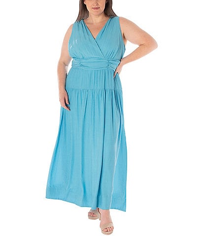 Maison Tara Plus Size Sleeveless V-Neck Cummerbund Waist Maxi Dress