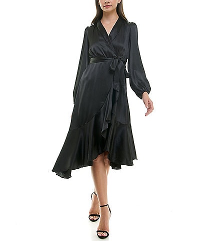 Maison Tara Satin V Neck Long Sleeve Tie Sash Asymmetrical Hemline Wrap Midi Dress