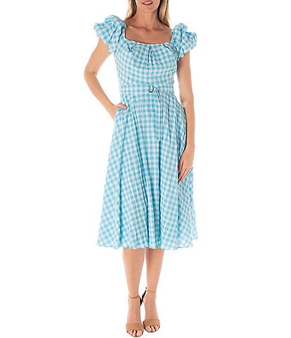 Maison Tara Short Puff Sleeve Square Neck Belted Gingham Fit and Flare Midi Dress