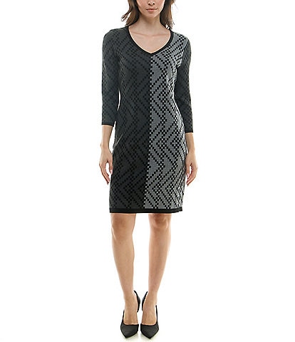 Maison Tara V-Neck 3/4 Sleeve Stretch Knit Sweater Sheath Dress