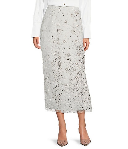 Muse by Marchesa Freesia 3D Embroidery Mesh Floral Midi Pencil Skirt