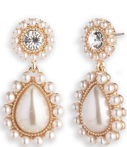 Marchesa Gold Pearl and Crystal Teardrop Drop Earrings