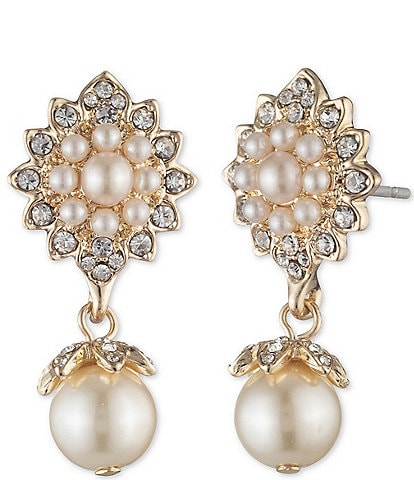Marchesa Gold Tone Blush Crystal Small Drop Pearl Earrings
