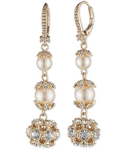 Marchesa Gold Tone Blush Crystal Small Pearl Crystal Linear Earrings