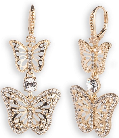 Marchesa Gold Tone Crystal Butterfly Double 2'' Drop Earrings