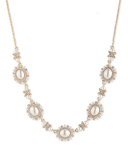 Marchesa Gold Tone Pearl Frontal Crystal Collar Necklace