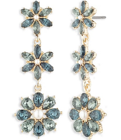 Marchesa Gold Tone Perl Blue Crystal Multi Cluster Linear Earrings