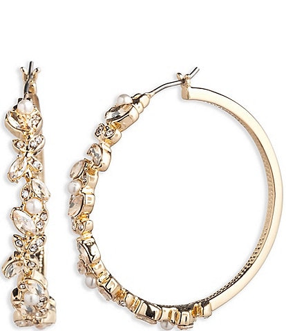 Marchesa Gold Tone Stone and Pearl 40mm Vine Leaf Hoop Earrings