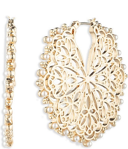 Marchesa Gold Tone White Filigree Pearl Detailed Hoop Earrings