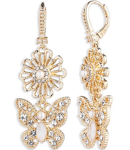 Marchesa Gold Tone White Small Butterfly Pearl and Crystal Double Drop Earrings