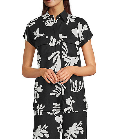 Marella Addotto Linen Blend Shirt Collar Short Sleeve Button Front Blouse