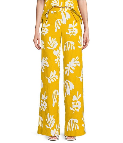 Marella Antiope Linen Blend Summer Leaf Print Elastic Back Wide Leg Pull-On Pants