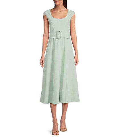 Marella Bitter Stretch Microfiber Canvas Square Neck Cap Sleeve Belted Fit & Flare Midi Dress