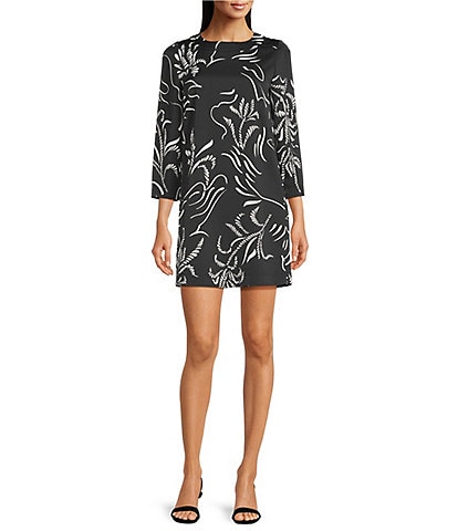 Marella Cappa Crepe Back Satin Placement Print Crew Neckline Bracelet Sleeve Shift Dress