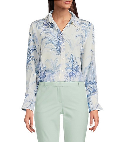 Marella Conio Palm Toile Printed Silk Crepe de Chine Point Collar Long Sleeve Button Front Blouse