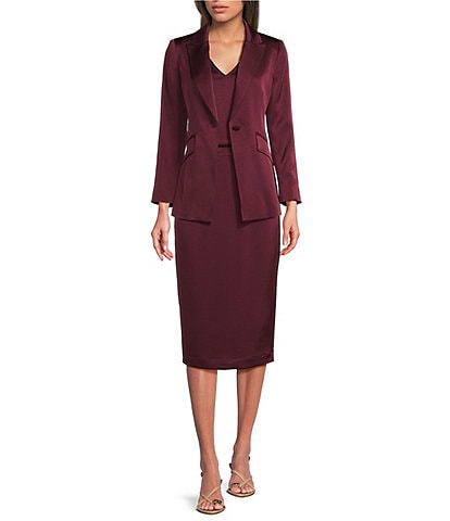 Marella Coordinating Cognac Satin Point Lapel Long Sleeve One-Button Blazer & Cadine Satin Straight Coordinating Midi Skirt