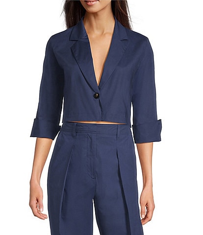 Marella Coordinating Zolla Organic Cotton Stretch Poplin Notch Lapel 3/4 Sleeve One-Button Cropped Jacket