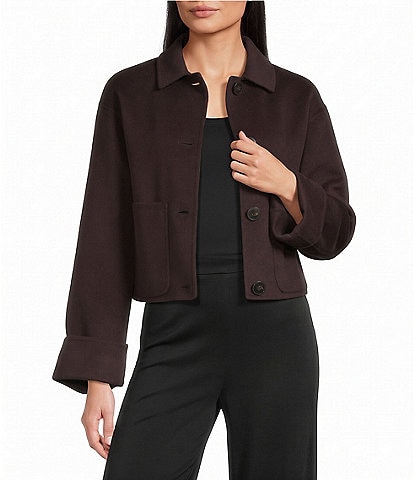 Marella Double-Sided Wool Point Collar Long Sleeve Button-Front Short Jacket