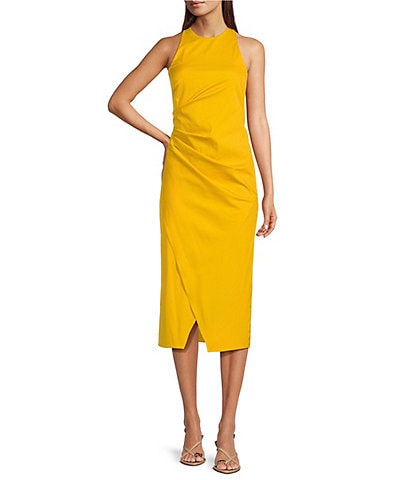 Marella Elegia Stretch Poplin Round Halter Neck Sleeveless Side Pleat Detail Midi Sheath Dress