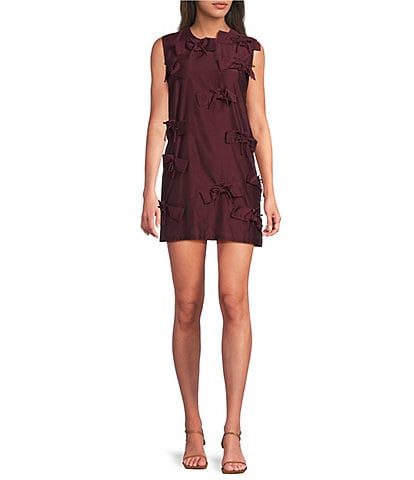 Marella Gancio Cotton Silk Voile Round Neck Sleeveless Bow Applique Mini Dress