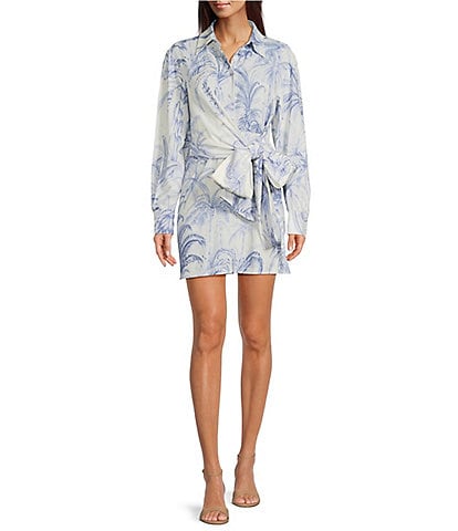 Marella Idioma Palm Toile Print Linen-Blend Point Collar Long Sleeve Shirt Dress with Side Sash Detail