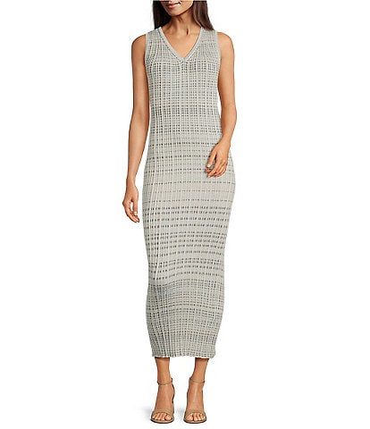 Marella Knit Stripe V-Neck Sleeveless Bodycon Midi Dress
