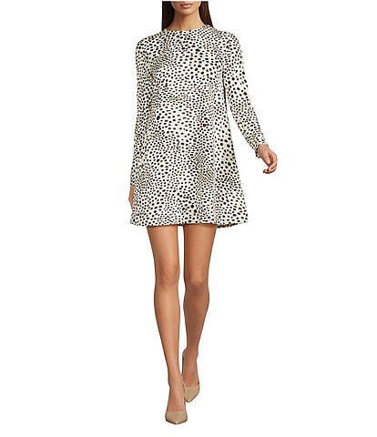 Marella Millsamba Silk Dot Print Crew Neck Long Sleeve Shift Mini Dress
