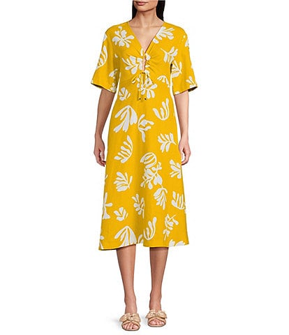 Marella Molise Summer Leaf Print Linen Blend Keyhole V-Neck Elbow Short Sleeve Fit & Flare Midi Dress