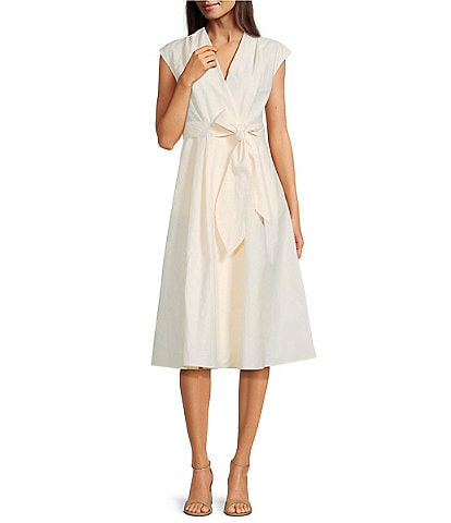 Marella Ossola Crinkle Texture Crossover V-Neckline Cap Sleeve Fit & Flare Wrap Midi Dress