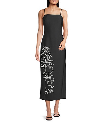 Marella Sierra Crepe Back Satin Placement Foliage Print Square Neck Sleeveless Midi Dress