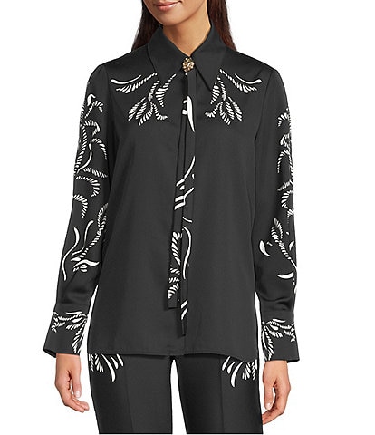 Marella Coordinating Yacht Crepe Back Satin Placement Print Point Collar Long Sleeve Button Front Blouse