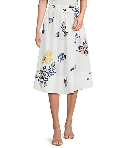 Marella Zambia Organic Cotton Stretch Poplin Floral Print Paper-Bag Drawstring Waist A-Line Coordinating Midi Skirt