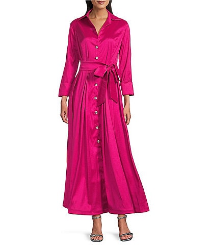 Marina 3/4 Sleeve Point Collar Neck Tie Waist Taffeta Midi A-Line Dress