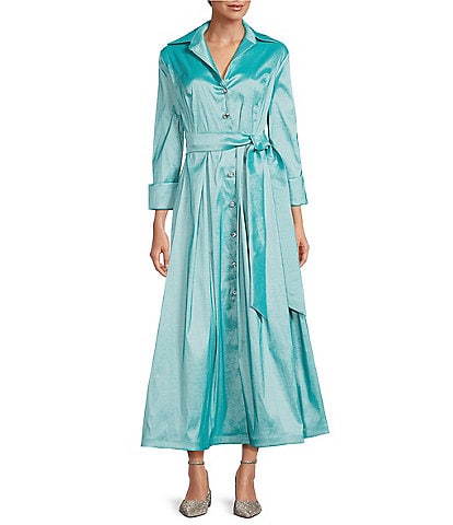 Marina 3/4 Sleeve Point Collar Neck Tie Waist Taffeta Midi A-Line Dress