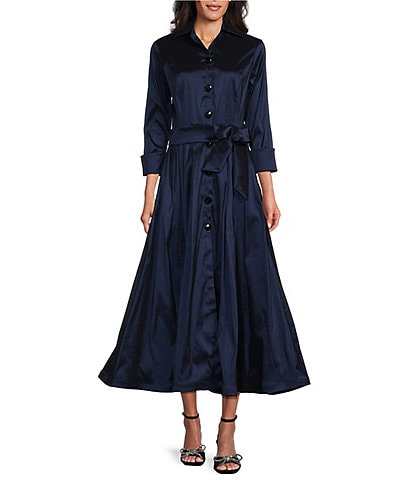 Marina 3/4 Sleeve Point Collar Neck Tie Waist Taffeta Midi A-LIne Dress