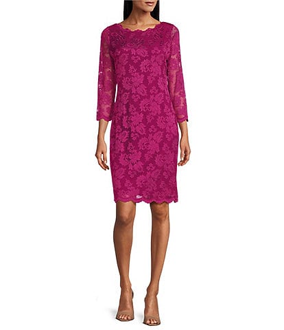 Marina Boat Neck 3/4 Illusion Sleeve Scalloped Lace Dress