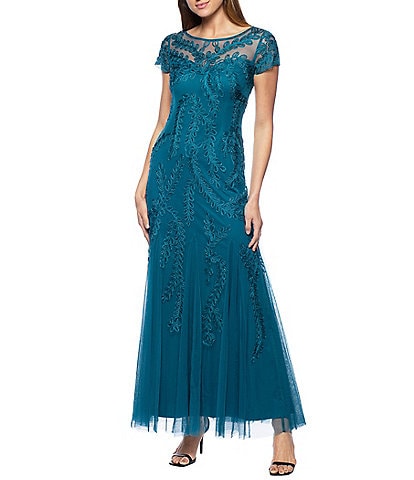 Marina Cap Sleeve Illusion Neck Soutache Long Gown