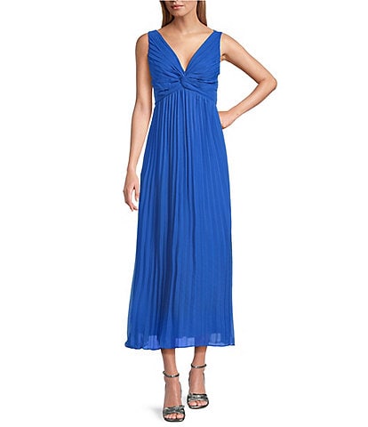 Marina Chiffon V-Neck Sleeveless Pleated A-Line Midi Dress