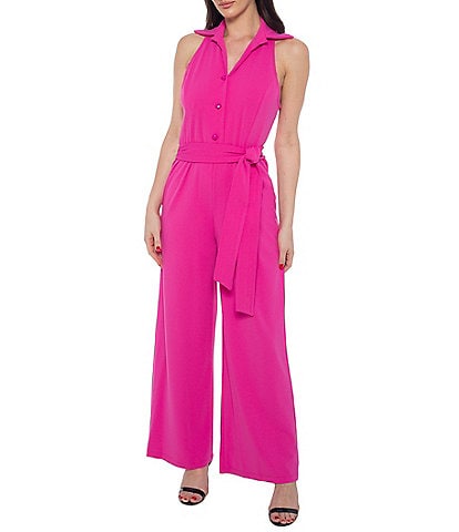 Marina Collared Sleeveless Tie Waist Scuba Crepe Jumpsuit