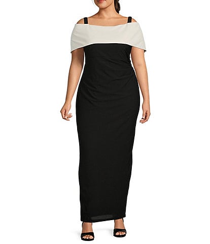 Marina Plus Size Color Block Off-the-Shoulder Short Sleeve Ruched Waist Crepe Sheath Gown