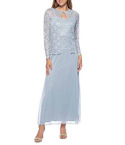 Marina Glitter Lace Long Sleeve Square Neck Matte Jersey Chiffon Skirt 2-Piece Gown