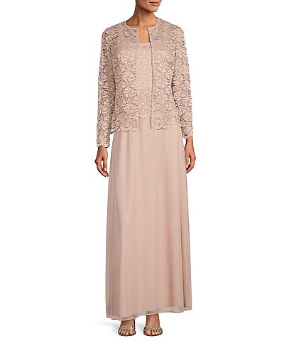 Marina Glitter Lace Long Sleeve Square Neck Matte Jersey Chiffon Skirt 2-Piece Gown