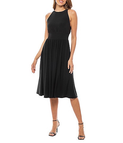 Marina Halter Neck Sleeveless Smocked Waist Pleated ITY Jersey Midi A-Line Dress